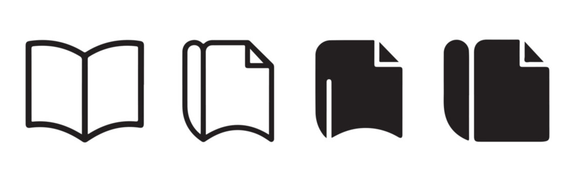 Page corner and open book fold icons for user interface design black minimalist symbols set vector.