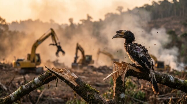 Deforestation scene with machinery and wildlife in a smoky environment