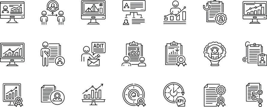 Business analytics audit reporting performance line icon set including KPI charts teamwork dashboard approval monitoring outline vector collection