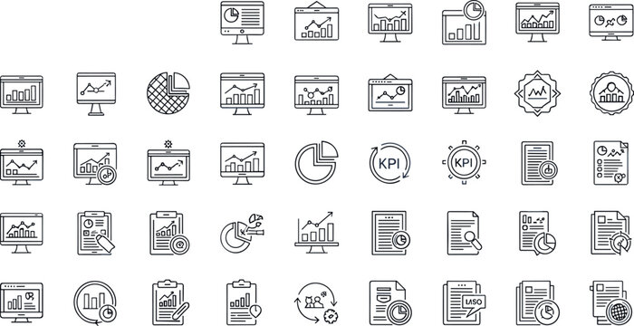 Business analytics dashboard KPI report outline icon set performance monitoring statistics evaluation editable stroke vector office interface collection