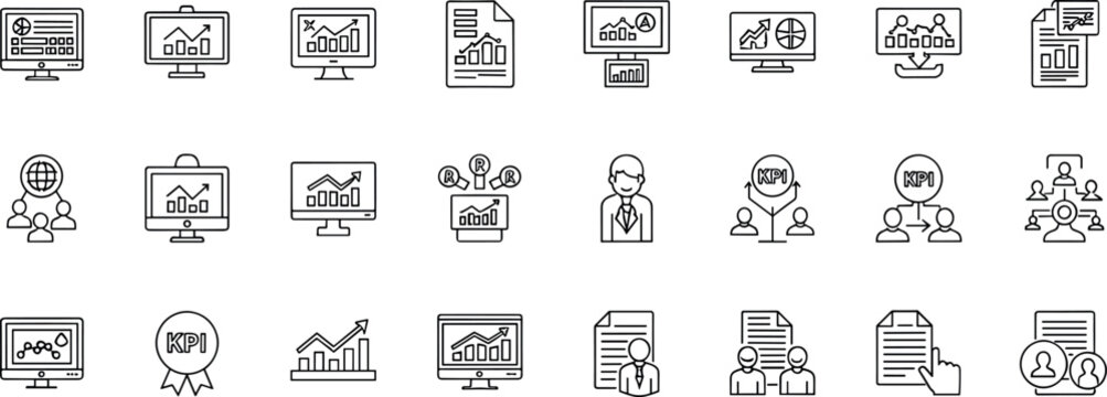 Business analytics dashboard KPI teamwork report outline icon set performance monitoring statistics editable stroke vector office interface collection