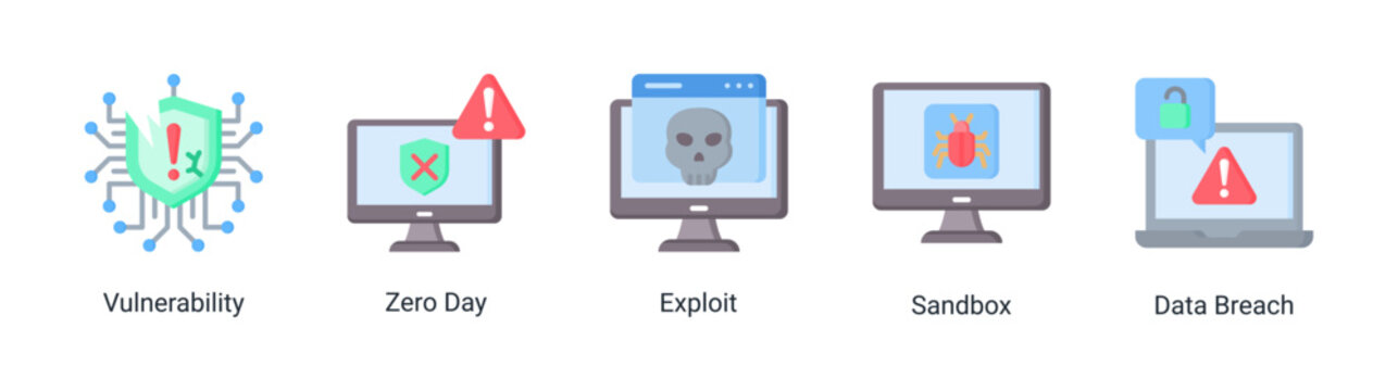 Vulnerability icon set featuring zero day,exploit and data breach.Ideal for cybersecurity analysis and threat detection concepts.