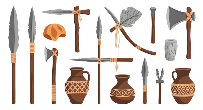 Ancient stone age artifacts collection including primitive spears, axes, pottery jars, and stone tools used by prehistoric humans.