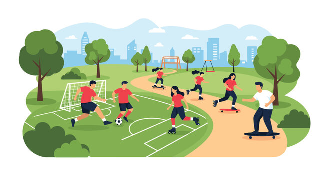 Group of people engaged in outdoor sports at a city park with soccer fields, walking paths, and a metropolitan skyline in the background.