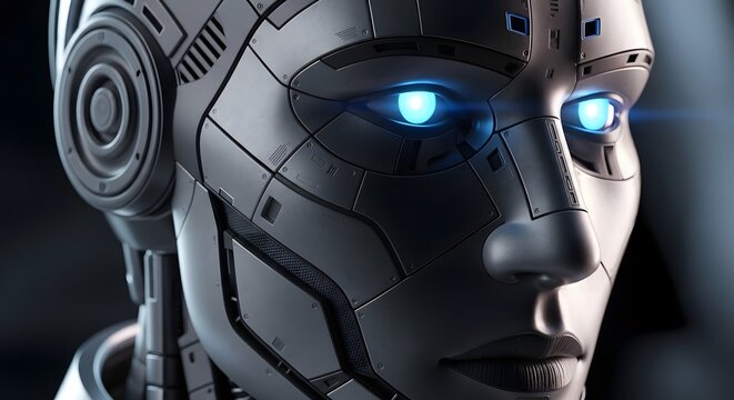 close up humanoid robot face metallic components glowing blue eyes futuristic artificial intelligence design