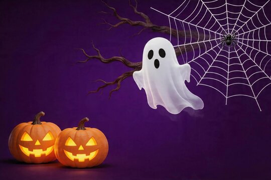 Purple background with spooky Halloween elements.