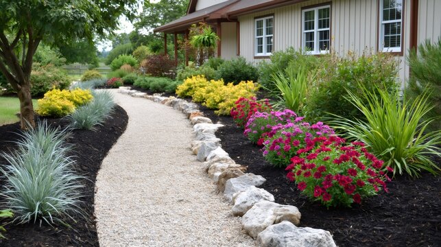 Curving pea gravel path winding through landscaped garden