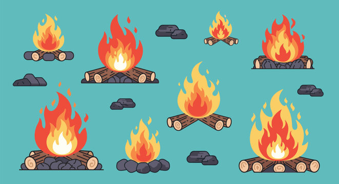 Collection of various campfire icons with burning logs, orange flames, and surrounding stones for camping and outdoor adventure graphics.