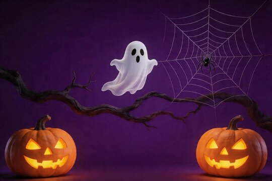Purple background with spooky Halloween elements.