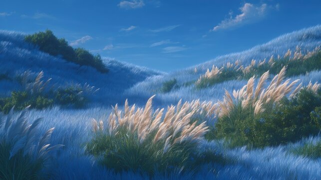Stunning blue landscape with rolling hills covered in tall feather grass and lush green bushes under clear blue sky artistic nature scenery digital art masterpiece
