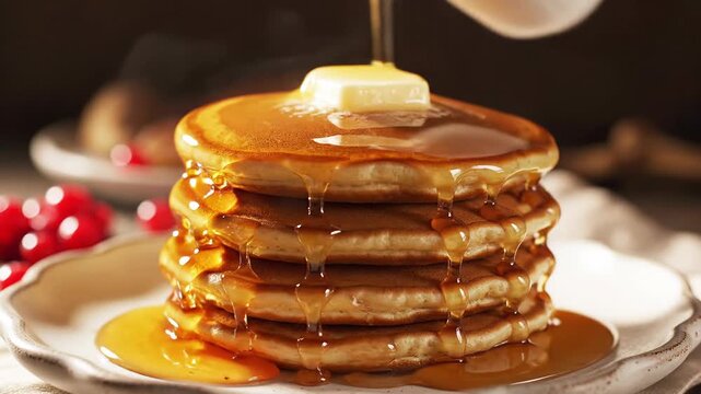 Fluffy pancake stack with butter and syrup pouring sweet breakfast seasonal menu delight