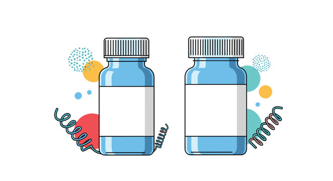 Two blue pharmaceutical pill bottles with blank white labels presented on a modern abstract background with colorful circles.