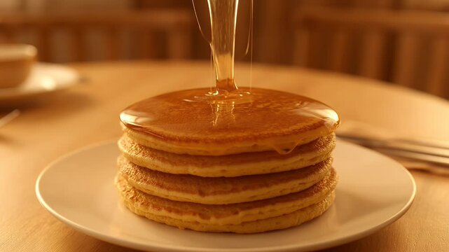 Syrup being poured on pancakes.