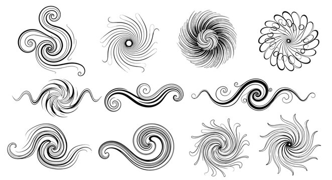 Elegant collection of decorative black and white swish and swirl patterns with intricate artistic details and lines.