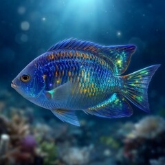 Fototapeta premium Vibrant blue tropical cichlid fish swimming in clear water with iridescent scales reflecting light in an underwater habitat setting with soft bokeh background