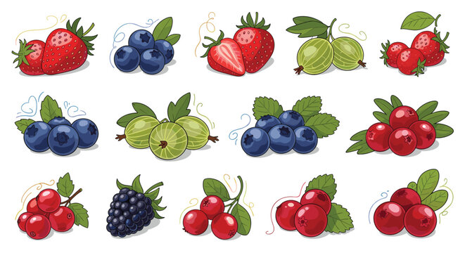 Rich collection of colorful berries including strawberries, blueberries, blackberries, gooseberries, and cranberries with green leaves.