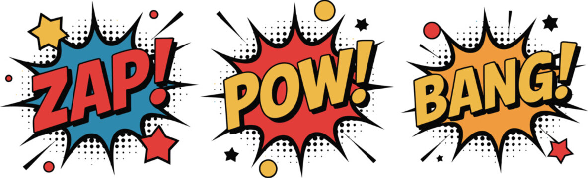 Comic style sound effects vector, illustration, vibrant pop art speech bubbles featuring zap pow bang text elements for dynamic cartoon action and graphic design use.