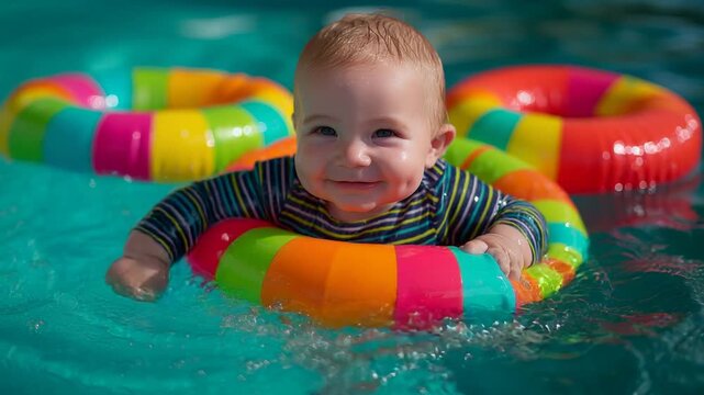 4K Baby, swimming ring, Baby swimming and smiling in colorful ring in a bright swimming pool during summer fun, swimming, smiling, splashing water, family, fun, joyful, playful, advertising