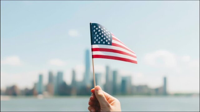 4K Independence Day, hand, american flag, Hand waving American flag against city skyline in a patriotic setting for promotional video, flag waving, documentary, advertising, social media