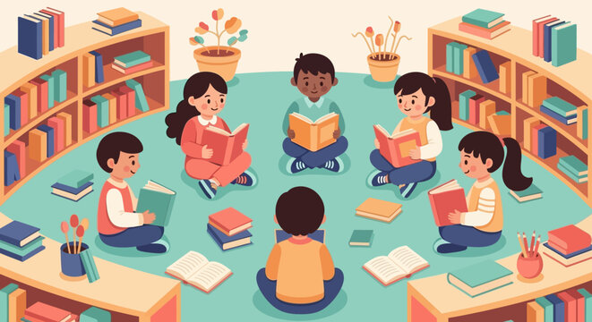 Children reading books in a cozy library with bookshelves and desks around them