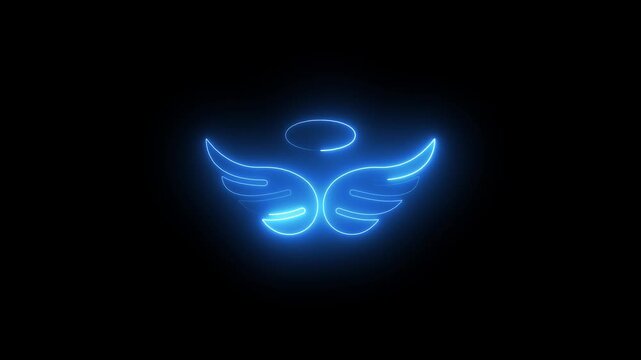 Neon glowing angel wings with halo animation on black background, spiritual symbolism motion