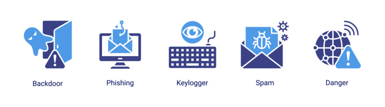 Cyber threat icon set with phishing,keylogger and spam attack concepts.Perfect for online security awareness and hacking prevention visuals.