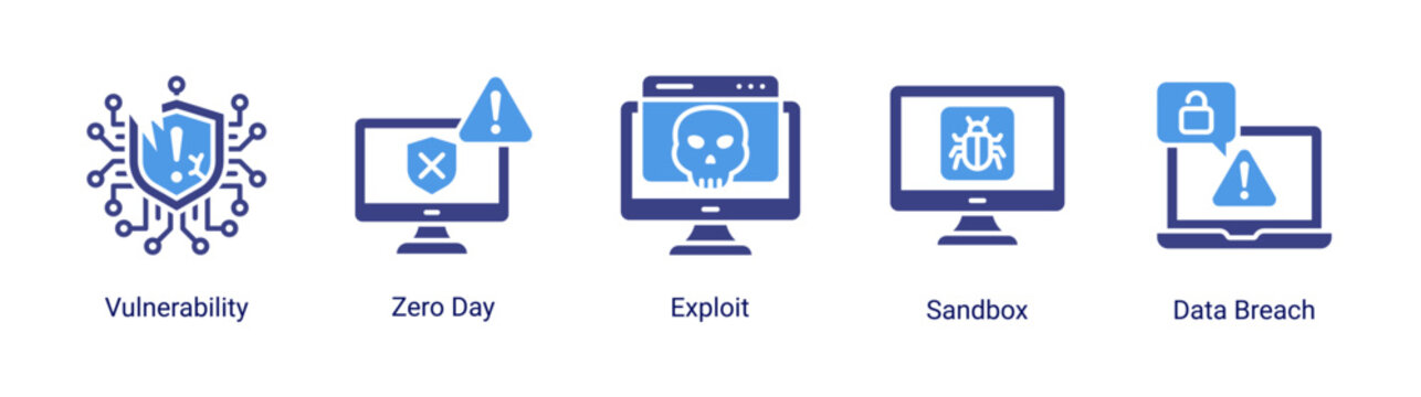 Vulnerability icon set featuring zero day,exploit and data breach.Ideal for cybersecurity analysis and threat detection concepts.