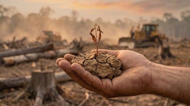 Hand holding dry soil with small plant in deforested area