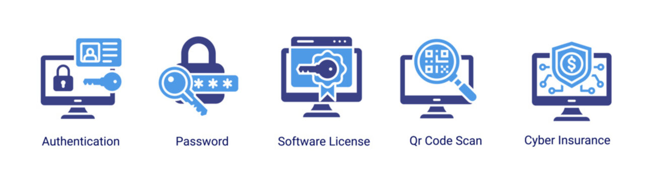Secure access icon set with authentication,password and software license.Ideal for login security and system access control concepts.