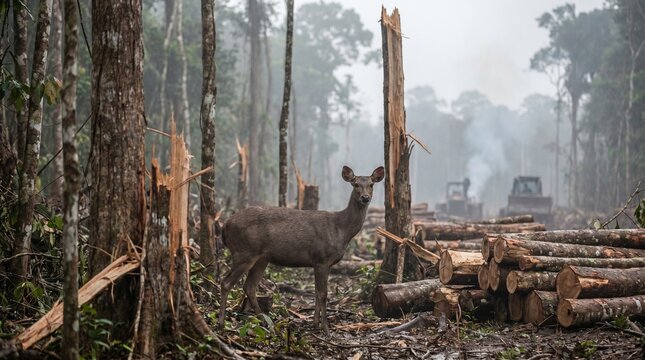 Deer in Deforested Jungle with Logging Machinery in Background