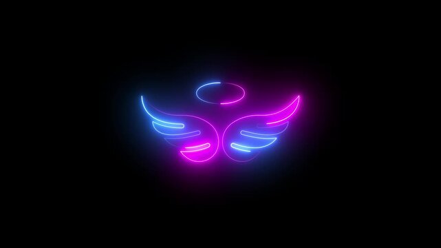 Neon angel wings and halo glowing animation on black background, vibrant cyberpunk style for social media and digital