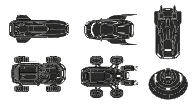 Collection of futuristic sci fi vehicle illustrations top view.