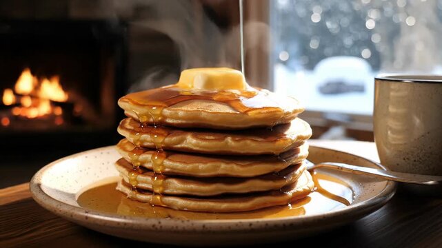 Fluffy pancake stack with butter and syrup on breakfast plate near cozy fireplace seasonal menu