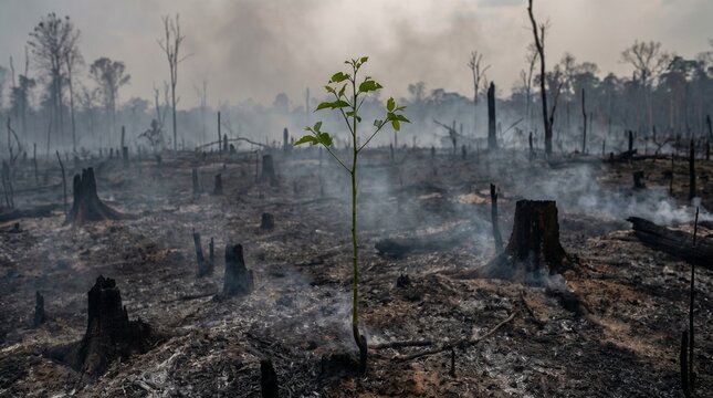 Single green sapling amidst charred forest after wildfire devastation