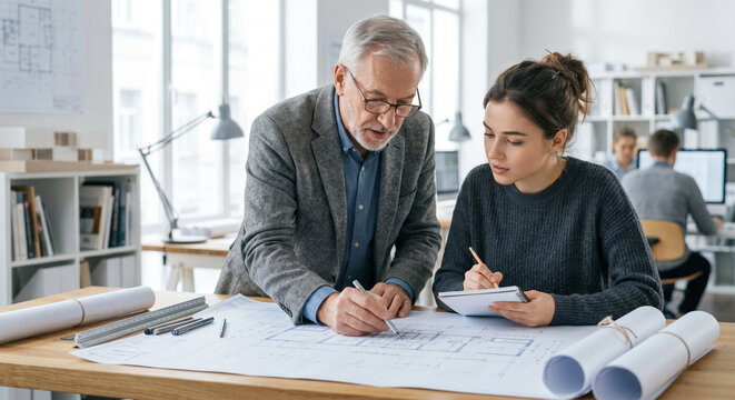 Experienced older architect reviewing plans with young junior designer.
