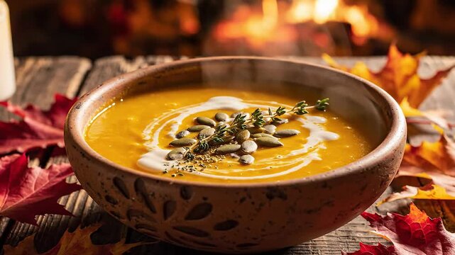 Seasonal pumpkin soup cream with seeds served in rustic bowl warm cozy autumn menu