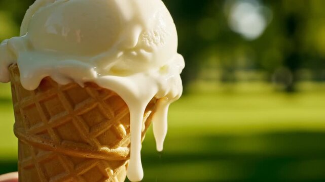 Melting vanilla ice cream cone dessert with seasonal waffle cone treats for warm summer enjoyment