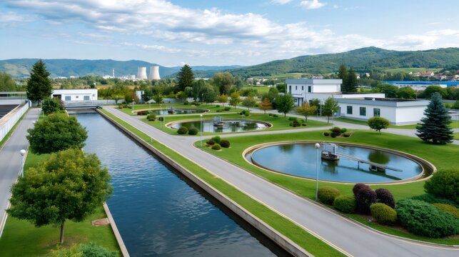 Modern wastewater treatment plant with circular clarifier tanks