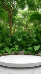 Fototapeta premium White marble podium display stage in lush tropical rainforest setting with dense green foliage palm leaves and natural stone rocks for product presentation