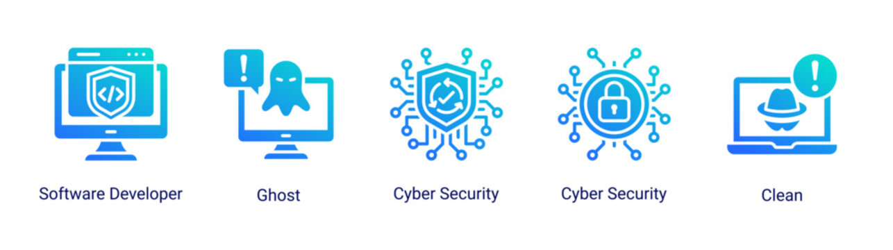 System monitoring icon set featuring developer,cyber security and spyware threat detection.Perfect for cybersecurity workflow,system monitoring and digital security analysis.