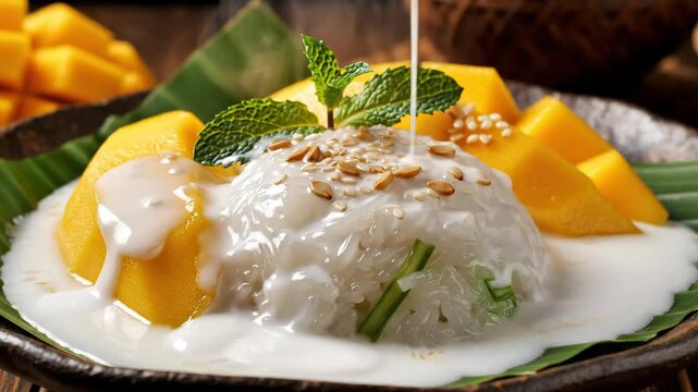 Sticky rice mango coconut sauce dessert seasonal menu fresh tropical flavor delight