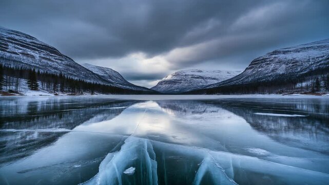 Frozen lake surrounded by snow-capped mountains under a cloudy sky with ice and water reflections