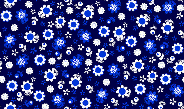 seamless floral pattern with blue and white snowflake flowers on dark background