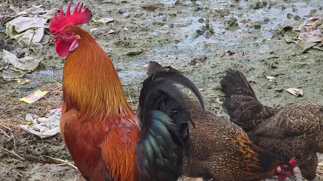 Rooster and chickens scavenging for food on muddy ground with scattered litter in a rural farm environment 4K video (Ultra High Definition)