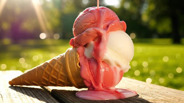 Melting ice cream cone with strawberry and vanilla flavors seasonal menu delight outdoors wooden