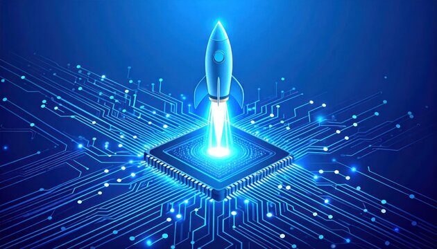 Blue rocket launching from a glowing microchip on a digital circuit board symbolizing rapid technological advancement and innovation
