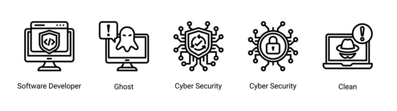 System monitoring icon set featuring developer,cyber security and spyware threat detection.Perfect for cybersecurity workflow,system monitoring and digital security analysis.
