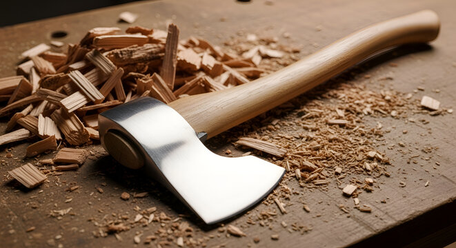 Axe on wooden workbench with shavings.
