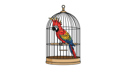 Fototapeta premium Vibrant red and yellow macaw parrot sitting calmly on wooden perch inside round metal birdcage against white background.