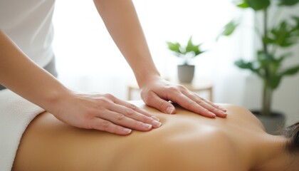 Naklejka premium Close-up of a person receiving a relaxing back massage from a therapist, focusing on the hands and upper back in a serene setting.